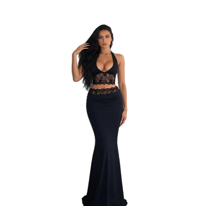 Damen Elegantes Spitzen-Crop-Top mit hochgeschnittenem Maxiröckchen Drune