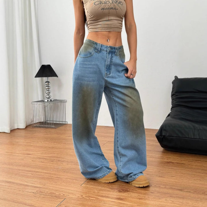 Damen weite High‑Waist-Jeans im Vintage-Wash mit verwaschener Fleckoptik und extra weitem Bein Drune