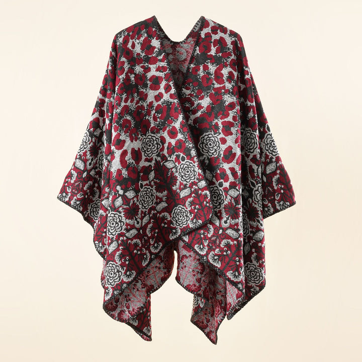 Damen Jacquard-Überwurfponcho im kastigen Kimono-Fall mit floral-animalischem Muster Drune