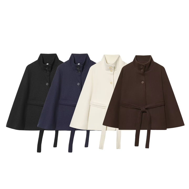 Damen Kurzes Cape-Mantel mit Stehkragen, Knopfleiste und Bindegürtel Drune