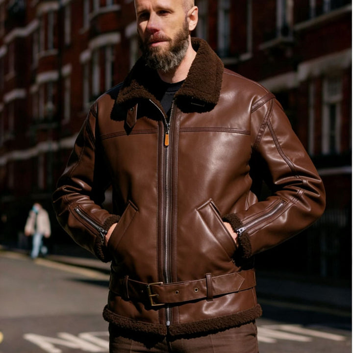 Herren Kunstleder-Fliegerjacke mit Teddyfutter, Reißverschlüssen und Stehkragen Drune