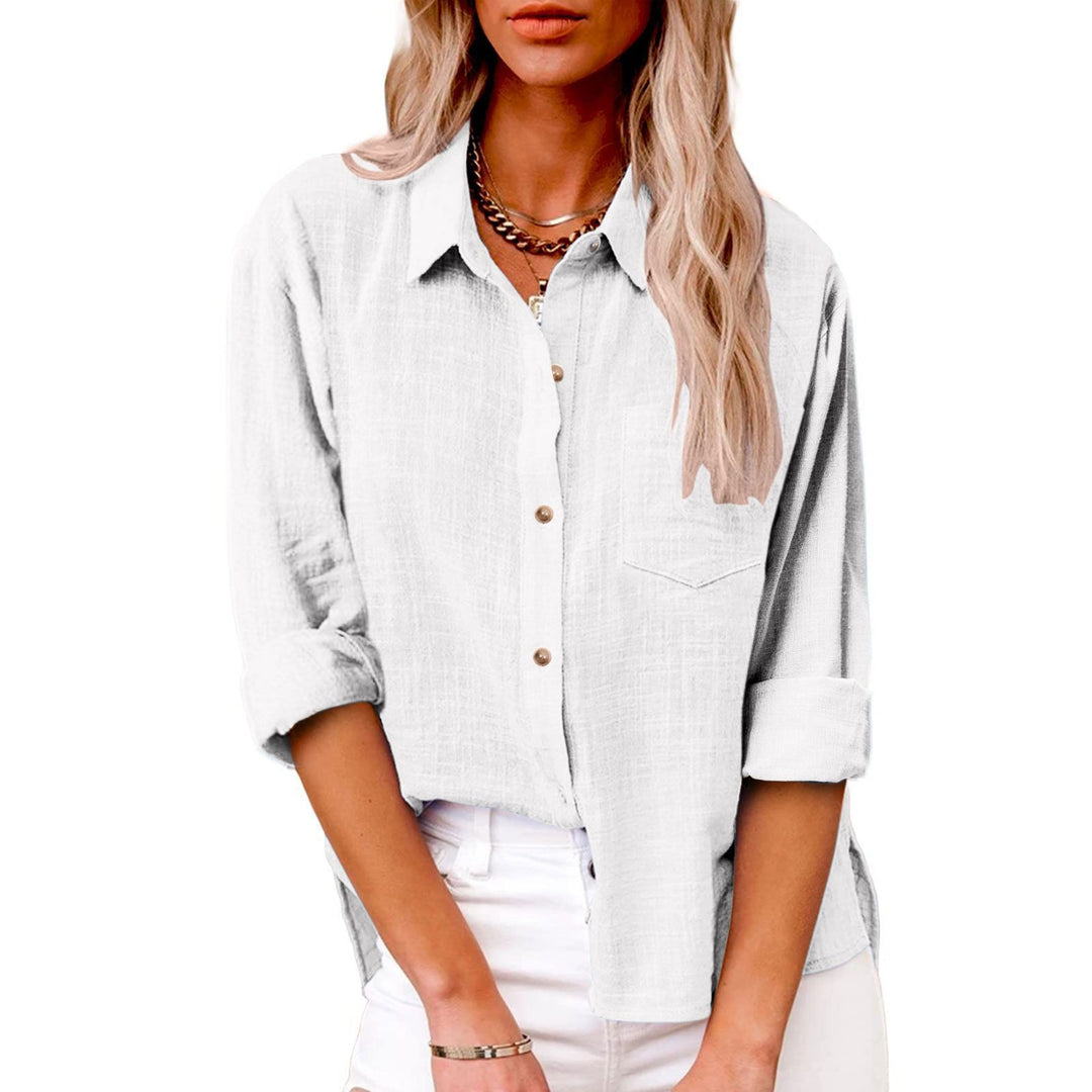 Damen nan oversized Leinen-Baumwollmix Hemdbluse mit Brusttasche und krempelbaren Ärmeln Drune