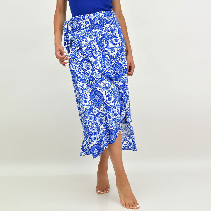 Damen Wickel-Midirock mit ornamentalem Print, Bindegürtel & Volantsaum Drune