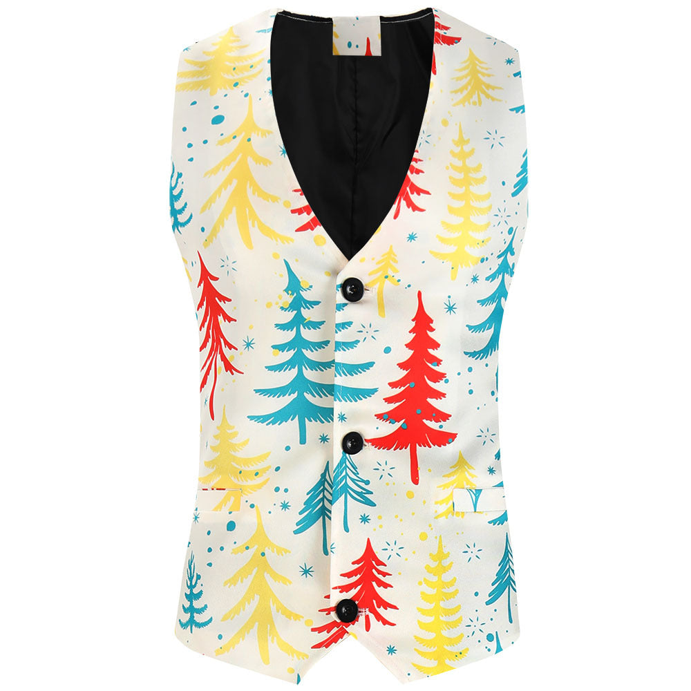 Herren Dreiteiliger Anzug mit festlichem Tannenbaum‑Print, tailliertes Sakko, Weste & Hose Drune