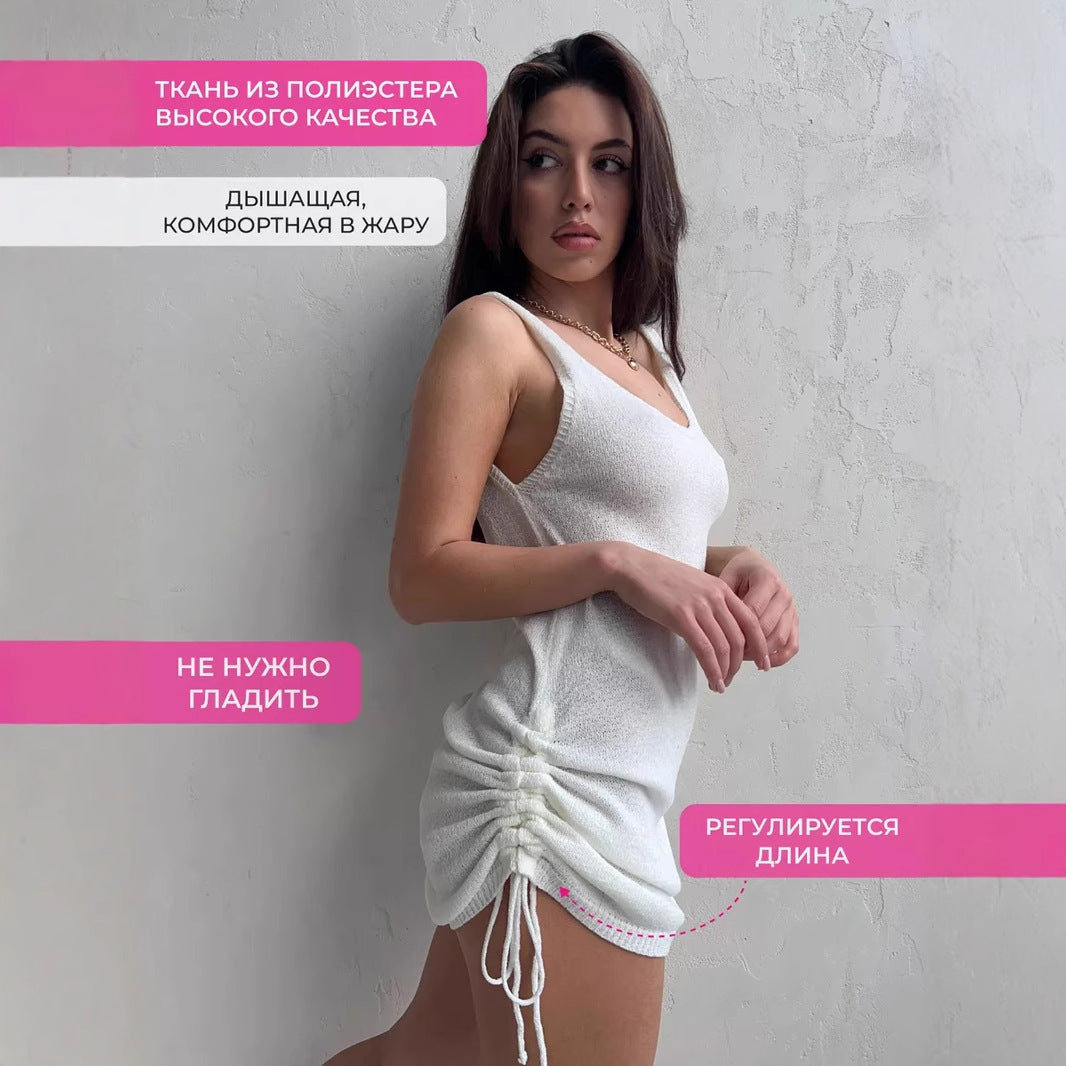 Damen lässiges Strickkleid mit verstellbaren Seitenschnüren und tiefem Rundhalsausschnitt Drune