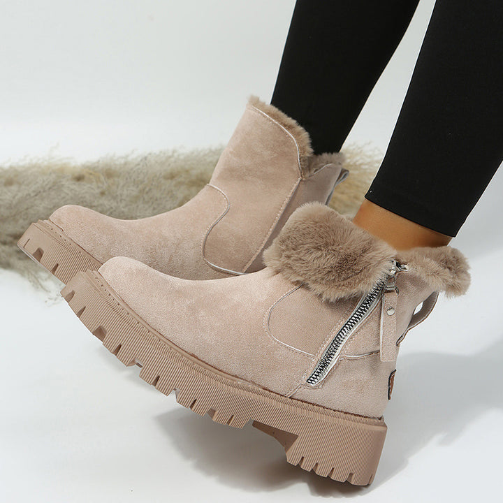 Damen Kurzschaft-Stiefelette mit Teddy‑Umschlag, Veloursoptik und Chunky‑Lug‑Sohle Drune