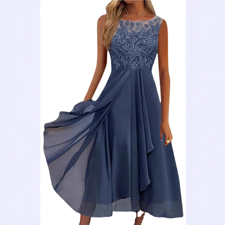 Damen nan ärmelloses Chiffon-Midikleid mit bestickter Illusionsspitze, Schiff-Ausschnitt und mehrlagigem Schwingrock Drune