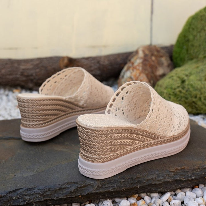 Damen nan gehäkelte Plateau-Slipper mit Jute-Details und Memory-Fußbett Drune