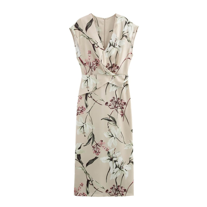 Drune | V-Ausschnitt Texturiertes Floral-Print Midi-Kleid