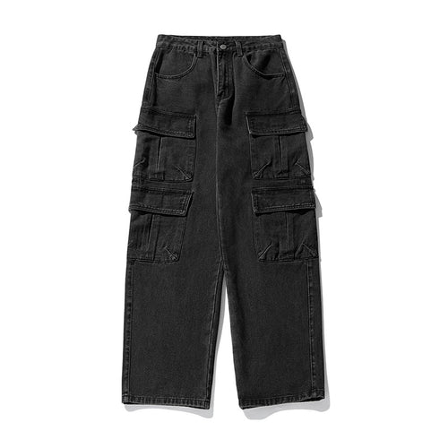 Unisex weite Cargo-Jeanshose mit hoher Taille, mehreren Klappentaschen und geradem Bein Drune