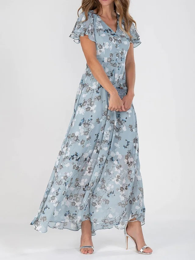Damen Maxikleid mit floralem Chiffon-Stoff und transparenten Ärmeln Drune