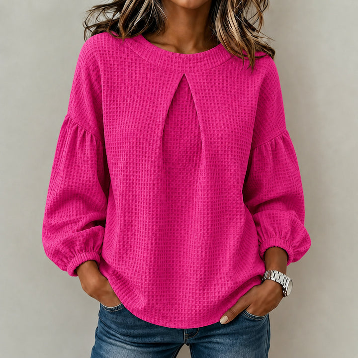 Damen Waffelstrick-Longsleeve mit Balloonärmeln und Vordernaht-Schlitz Drune