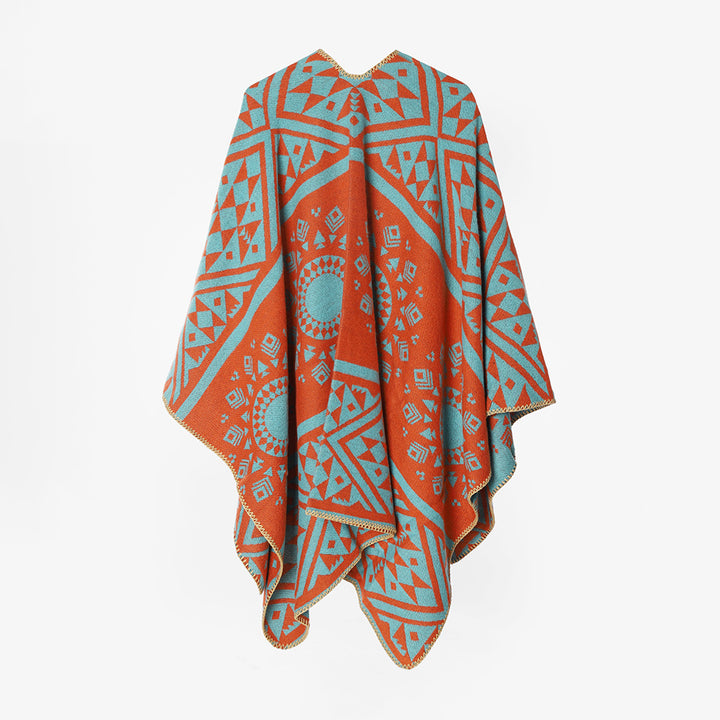 Damen Gewebter Oversize-Capeponcho mit aztekischem Jacquardmuster und dekorativer Kettelkante Drune