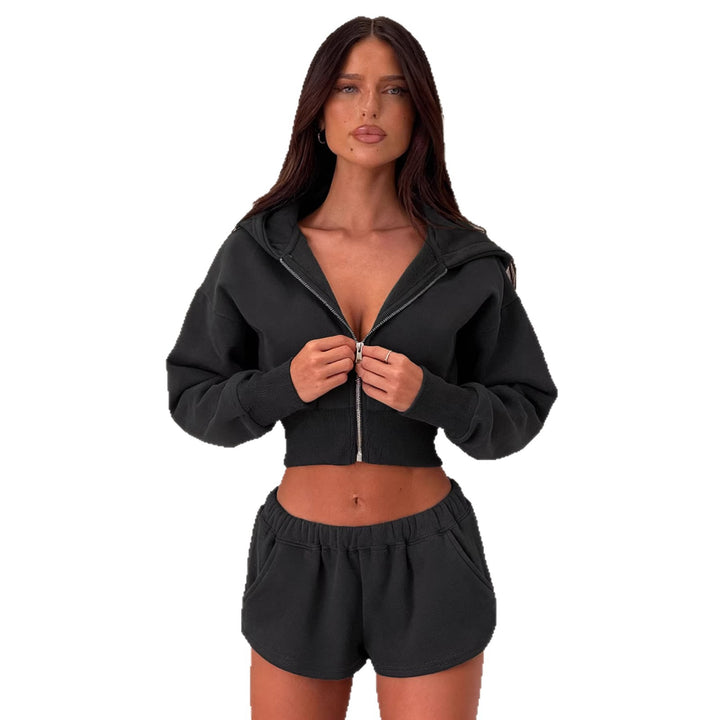 Damen Kurzes Kapuzen-Sweatset mit Reißverschluss, tailliertem Cropped-Hoodie und hochgeschnittenen Relax-Shorts Drune