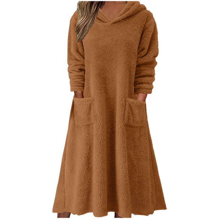 Damen Kuscheliger Fleece-Kleid mit Kapuze und praktischen Taschen Drune