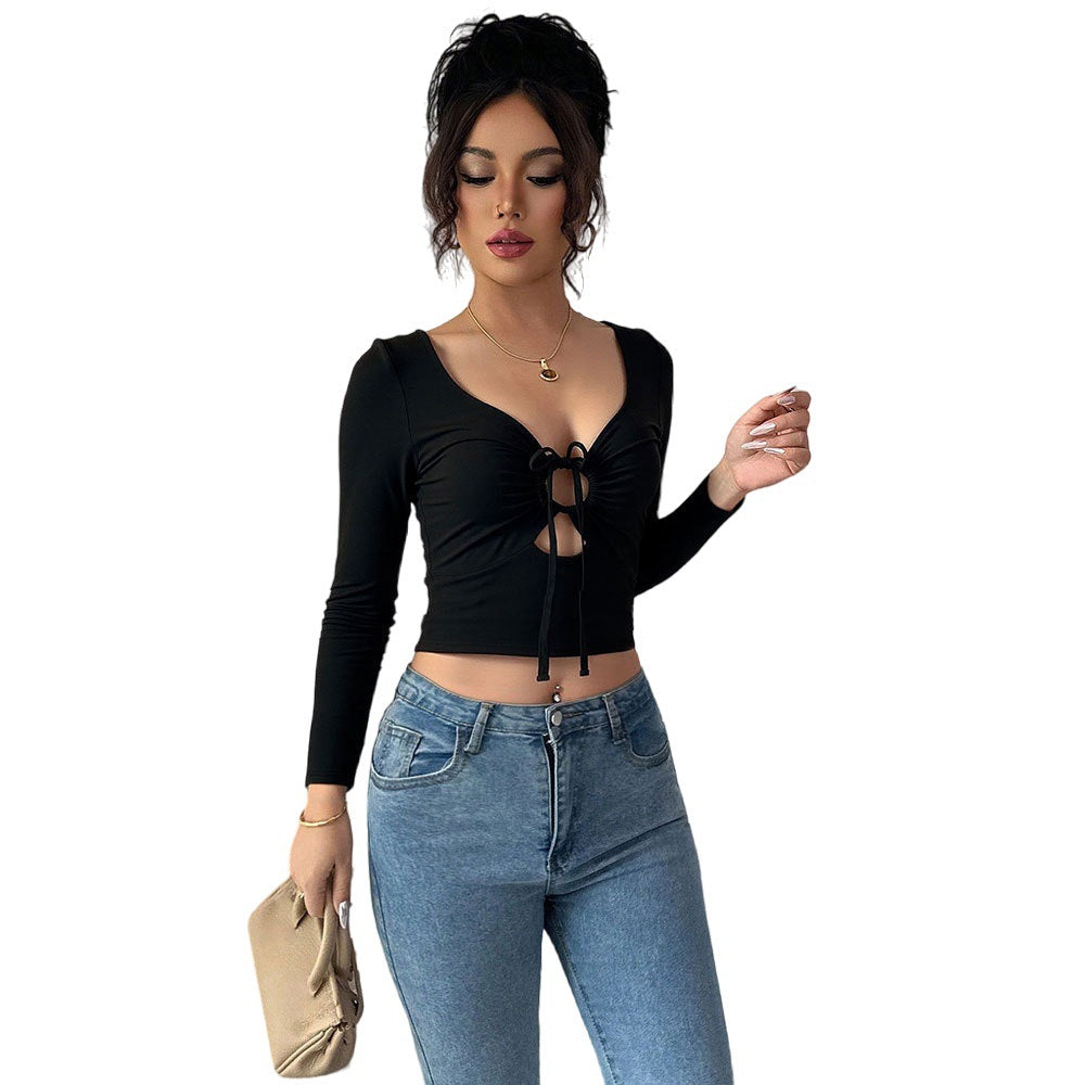Damen Crop-Oberteil mit Zierknoten und langem Arm Drune