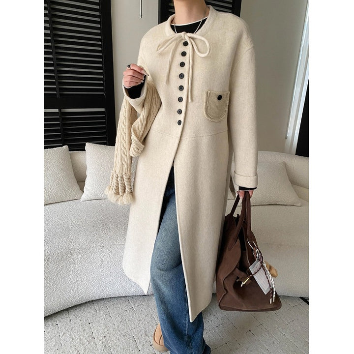 Damen lange Wolljacke mit Knopf- und Kordelzugdetails Drune