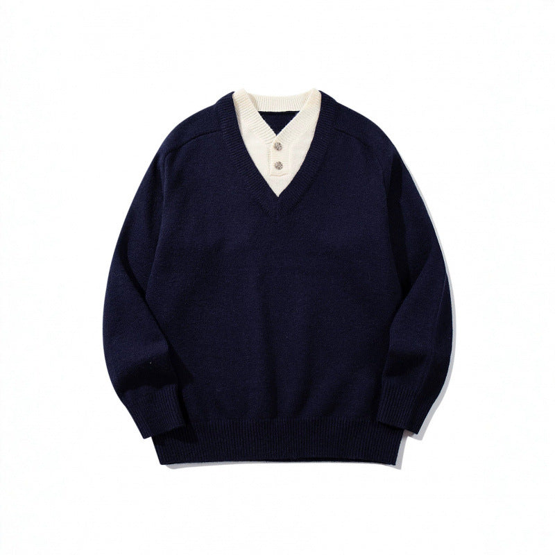 Herren V‑Ausschnitt-Pullover mit integriertem Henley-Kragen Drune