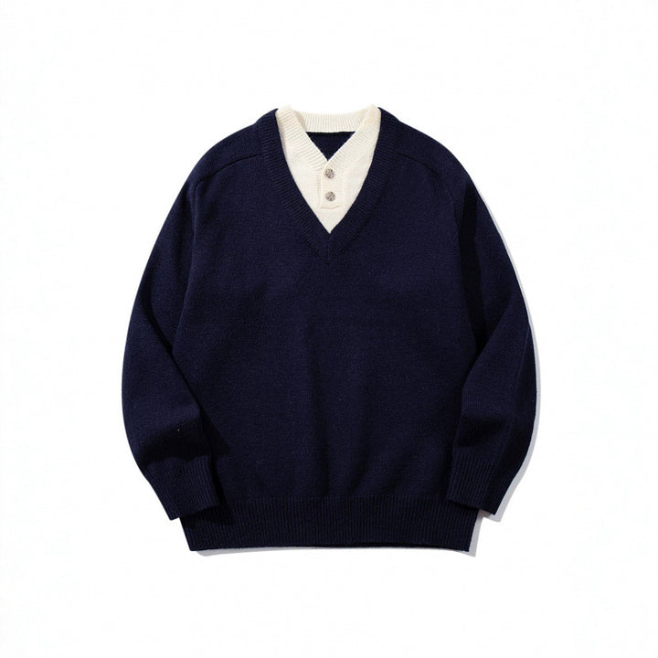 Herren V‑Ausschnitt-Pullover mit integriertem Henley-Kragen Drune