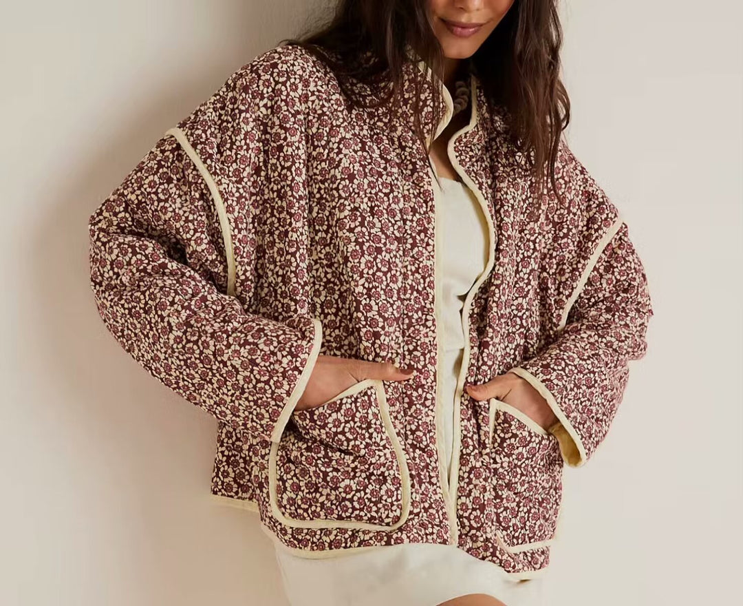 Damen 600+ gesteppte bestickte Taillengürtel‑Jacke mit floralem Muster und Stehkragen Drune