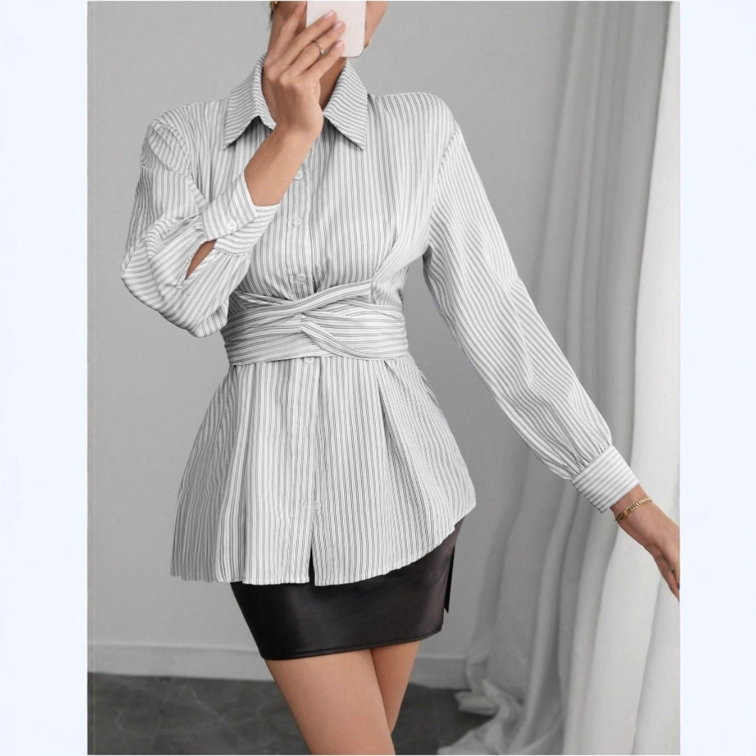 Damen Modische gestreifte Hemdbluse mit Taillenbindung Drune
