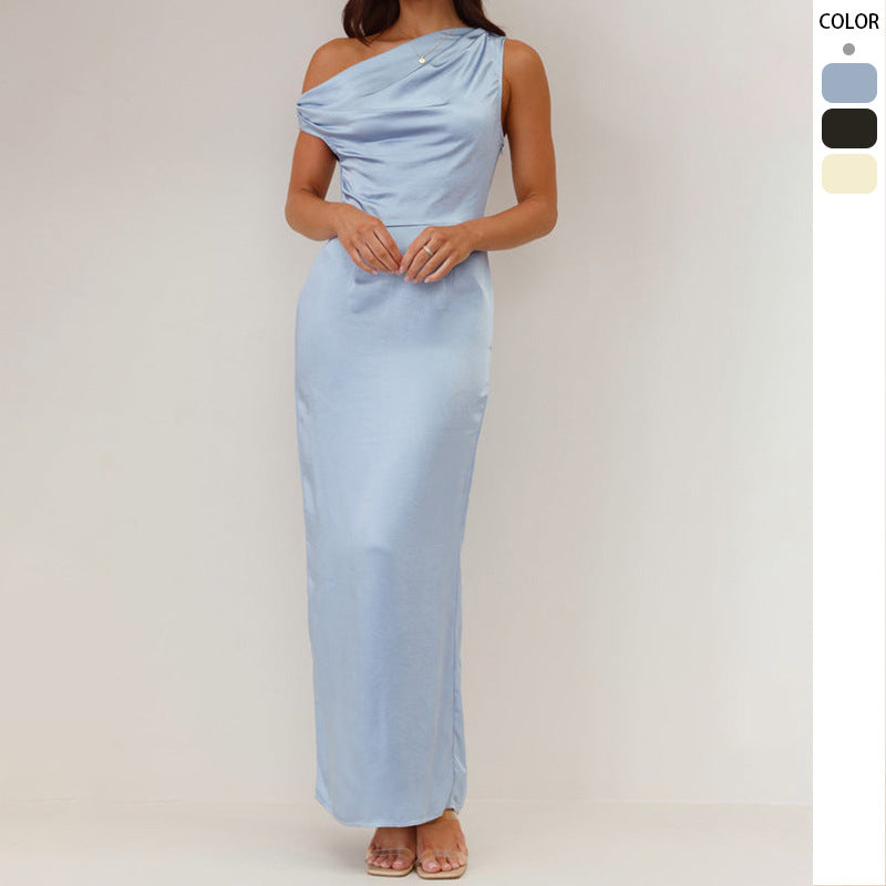 Damen Schickes Maxikleid mit einseitigem Ausschnitt und Raffung Drune