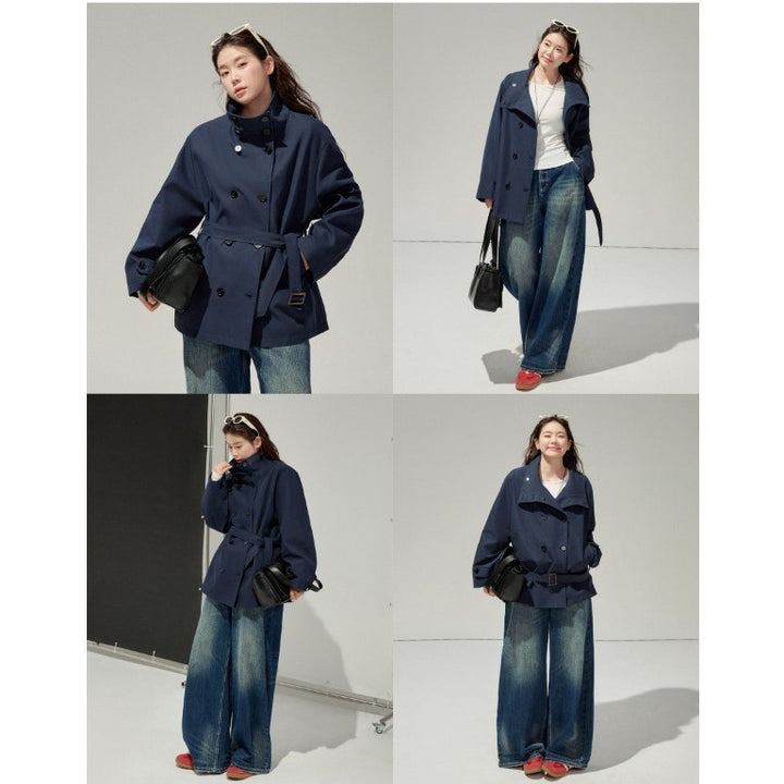Damen Kurztrenchcoat mit taillierendem Gürtel und doppeltreiher Knopfleiste Drune