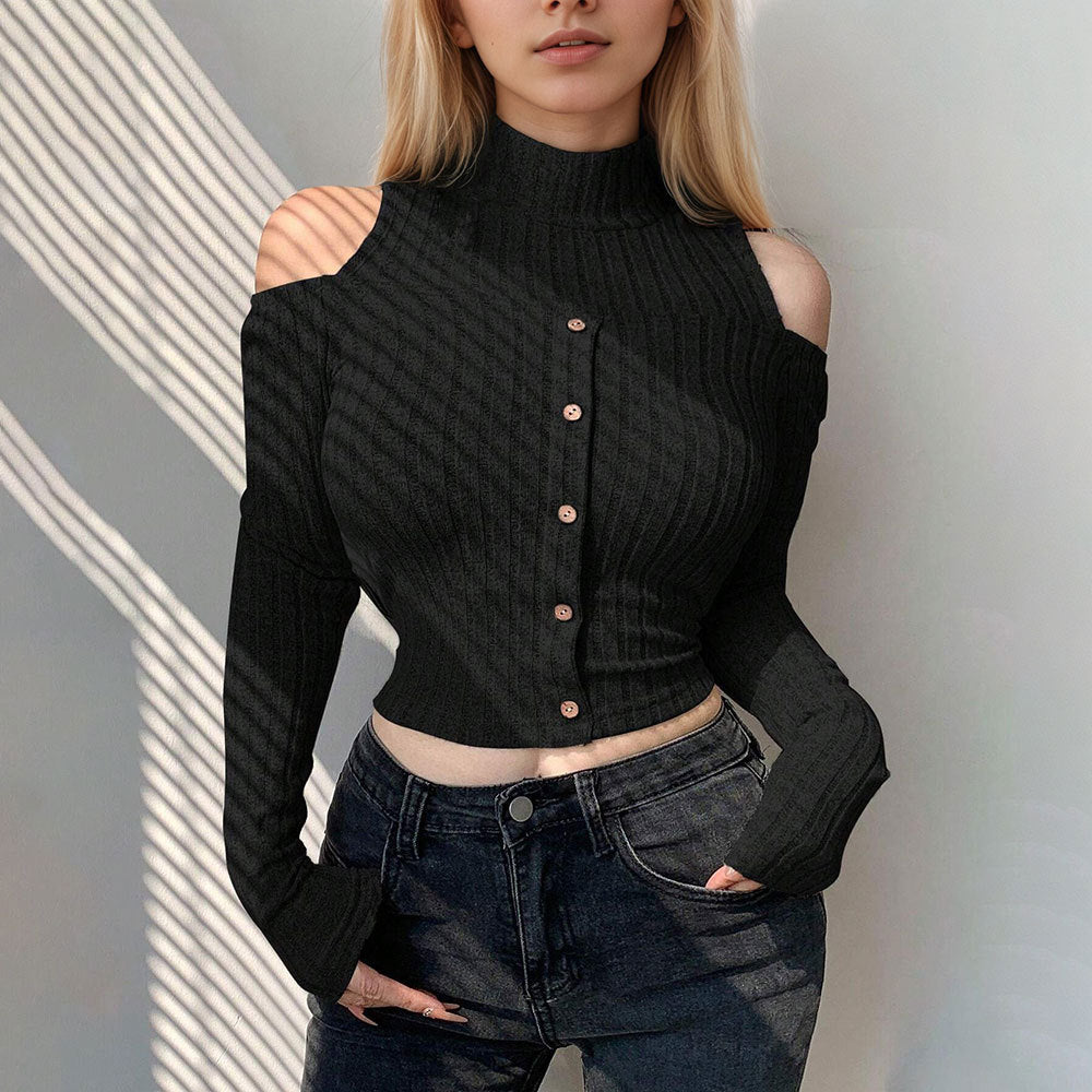 Damen cropped Langarm-Pullover mit schulterfreien Details und Knopfverschluss Drune