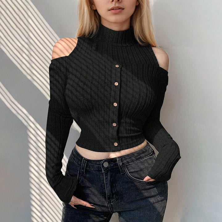 Damen cropped Langarm-Pullover mit schulterfreien Details und Knopfverschluss Drune