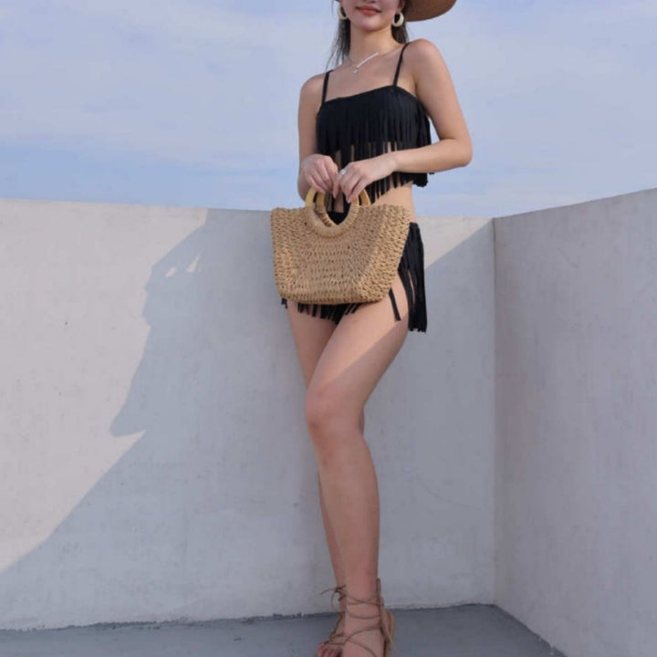 Damen Fransen-Bikini-Set mit modischem Oberteil und figurbetontem Unterteil Drune