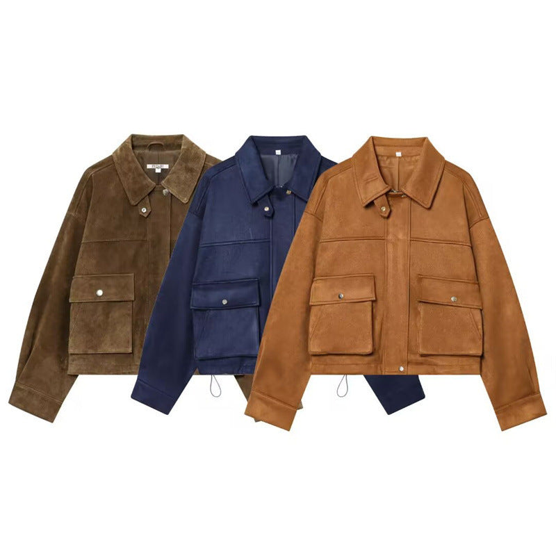 Damen Kurz geschnittene Boxy‑Veloursblousonjacke mit Pattentaschen und verdeckter Druckknopfleiste Drune
