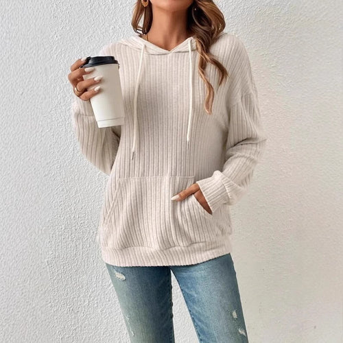 Damen lässiger Kapuzenpullover mit Rippenstruktur und Kängurutasche Drune