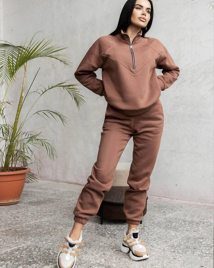Damen Zweiteiliges Sweat-Loungewear-Set mit Troyer-Reißverschluss und elastischer Jogginghose Drune