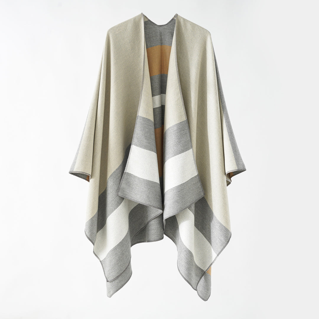 Damen Oversize-Ruana im Cape‑Stil aus Wolloptik mit geometrischen Blockstreifen Drune