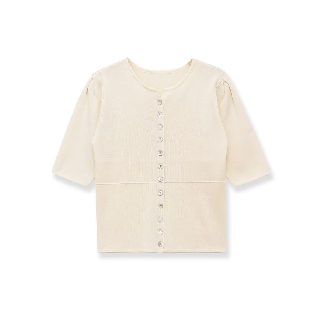 Damen kurzärmlige Strickjacke mit Knöpfen und raffinierter Raffung Drune