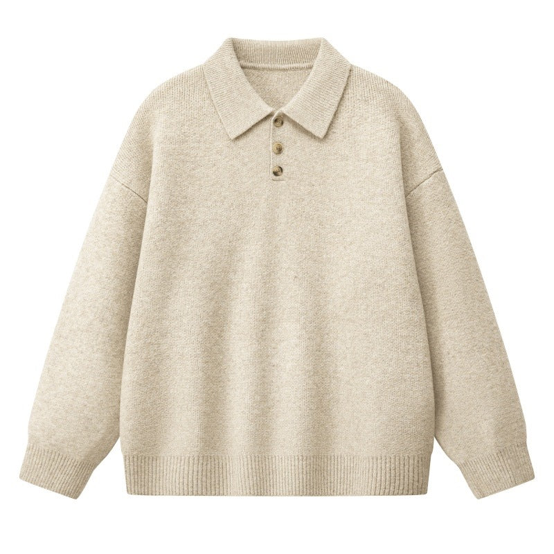 Damen Oversize Polokragen-Strickpullover mit Knopfleiste und geripptem Saum Drune