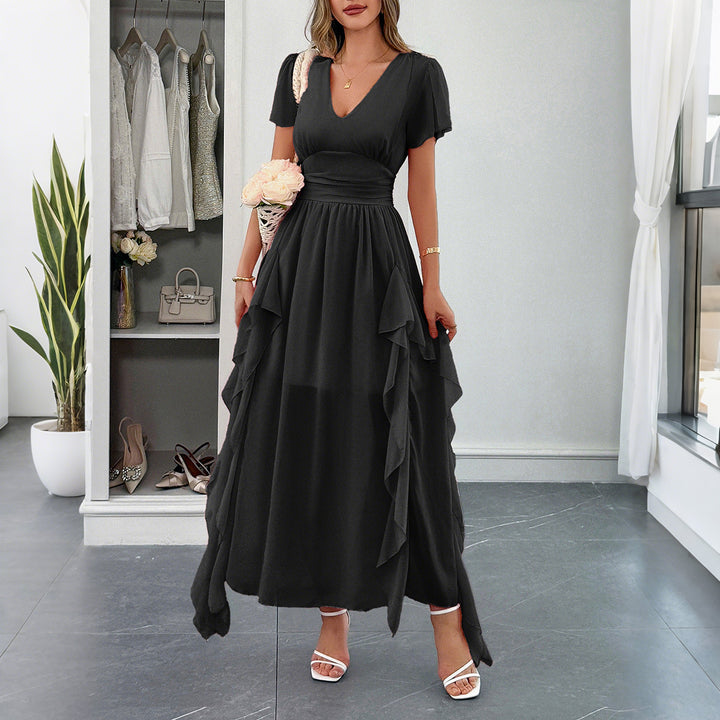 Damen Maxi-Kleid mit fließendem Rüschendesign und V-Ausschnitt Drune