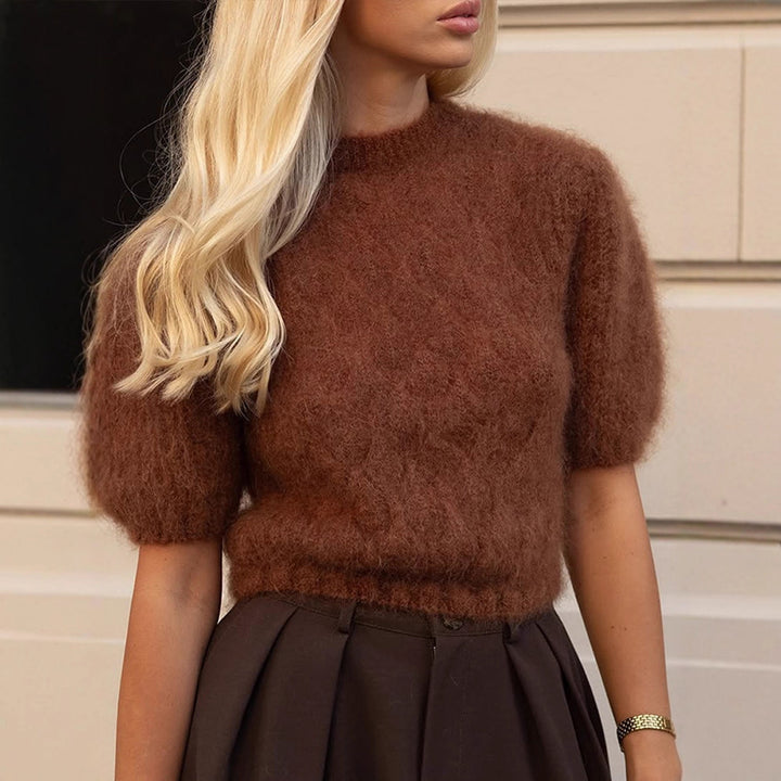 Damen Flauschiger Kurzgeschnittener Mohair-Mix Pullover mit Kurzärmeln und Stehkragen Drune