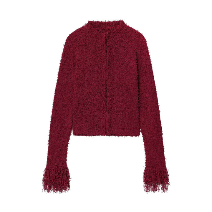 Damen Kuschelige Strickjacke mit fransigen Ärmeln und modischem Kragen Drune