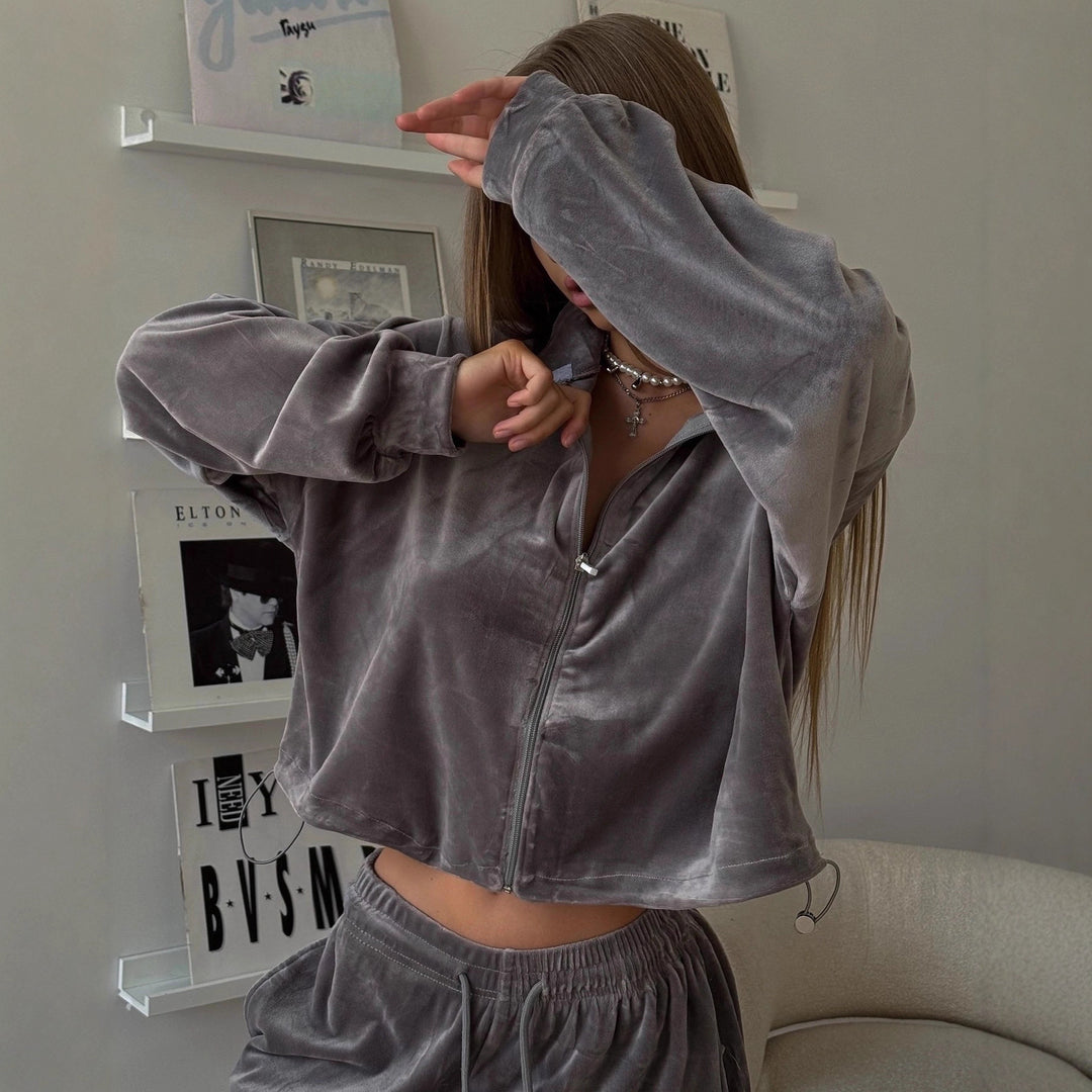 Damen Samt-Loungewear-Set mit kurzem Reißverschluss-Sweater und weitem Kordelzug-Hose Drune