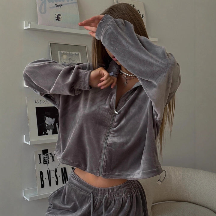 Damen Samt-Loungewear-Set mit kurzem Reißverschluss-Sweater und weitem Kordelzug-Hose Drune
