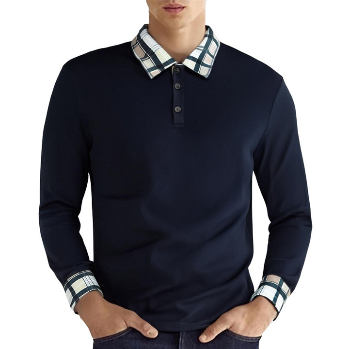 Herren nan figurbetontes Langarm-Poloshirt mit karierter Kragen- und Manschettenbesatz Drune