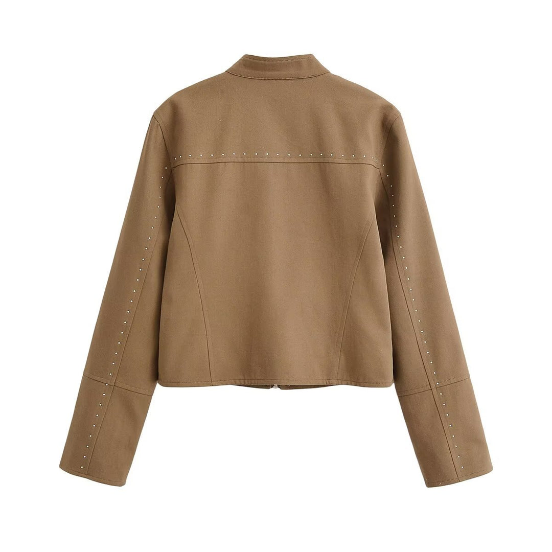 Damen Kurzblouson im Velourslook mit Stehkragen, Reißverschluss und Ziernieten Drune
