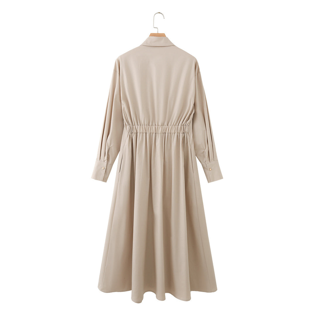 Damen Hemd-Maxikleid mit tiefem V-Ausschnitt, Taillenfalten und schmalem Gürtel Drune