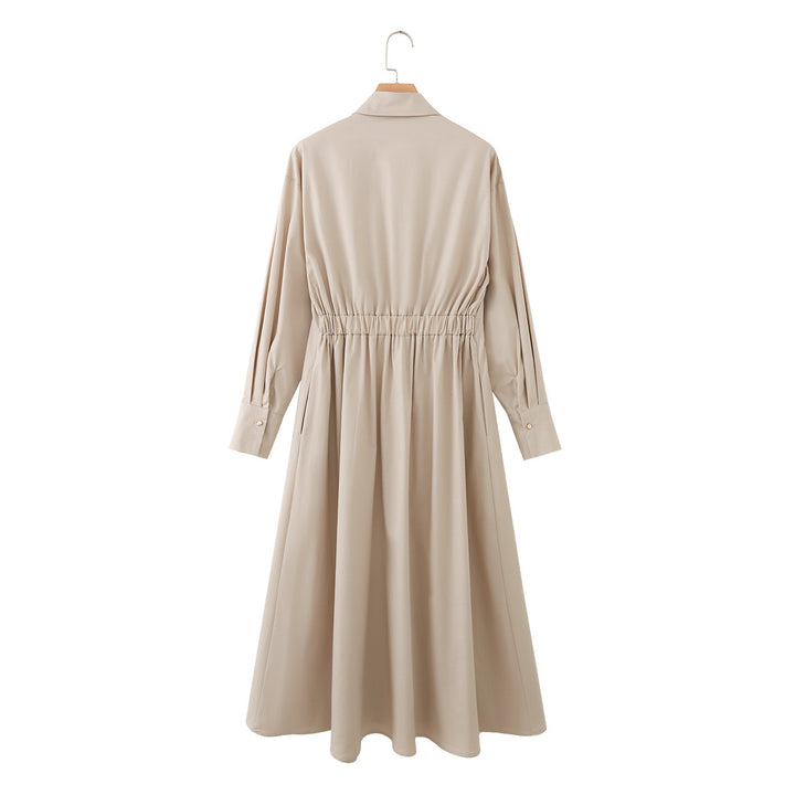 Damen Hemd-Maxikleid mit tiefem V-Ausschnitt, Taillenfalten und schmalem Gürtel Drune