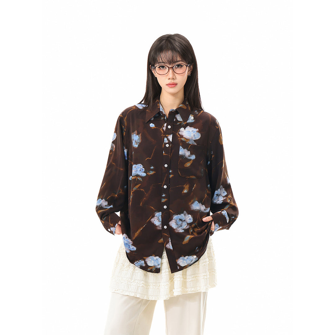 Damen Oversize-Hemdbluse mit abstraktem Blumenprint und aufgesetzter Brusttasche Drune