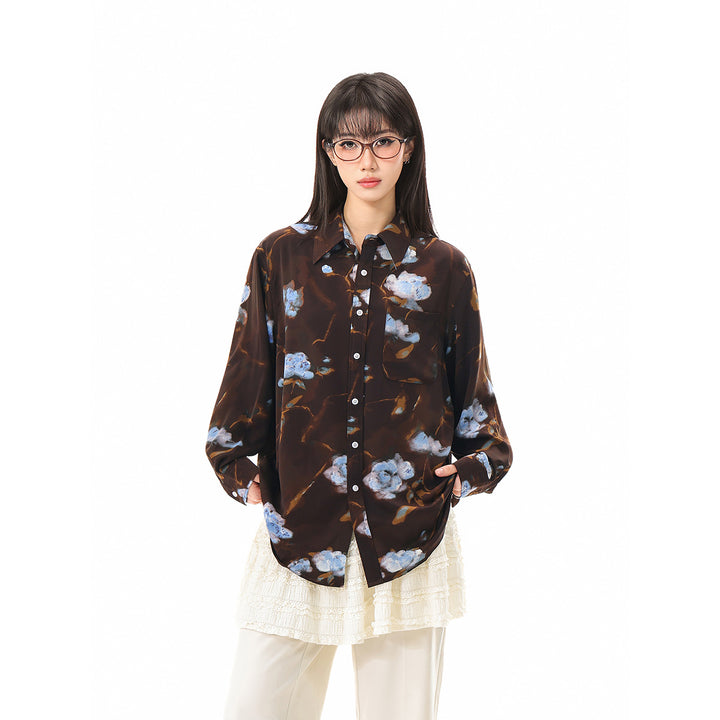 Damen Oversize-Hemdbluse mit abstraktem Blumenprint und aufgesetzter Brusttasche Drune