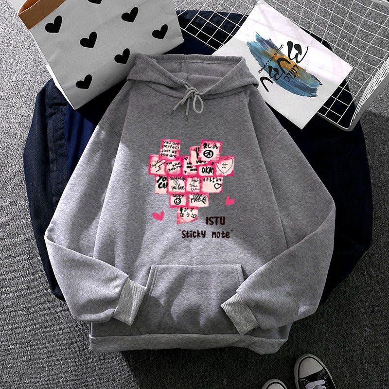Damen nan Kapuzenpullover mit Sticky-Note Grafik, Kängurutasche und weichem Fleecefutter Drune