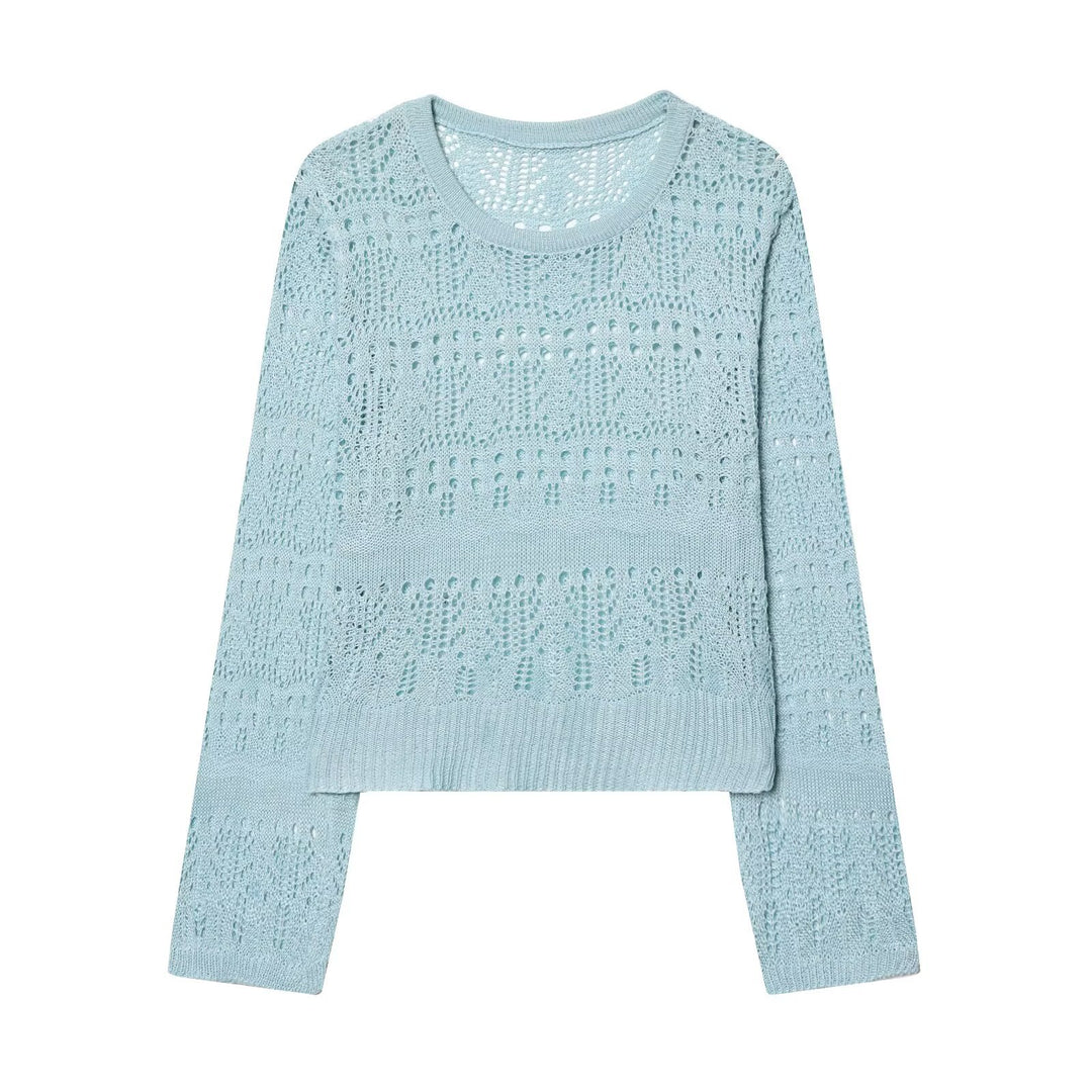 Damen Feinstrick-Openwork-Pullover mit Rundhalsausschnitt und filigranem Lochmuster Drune