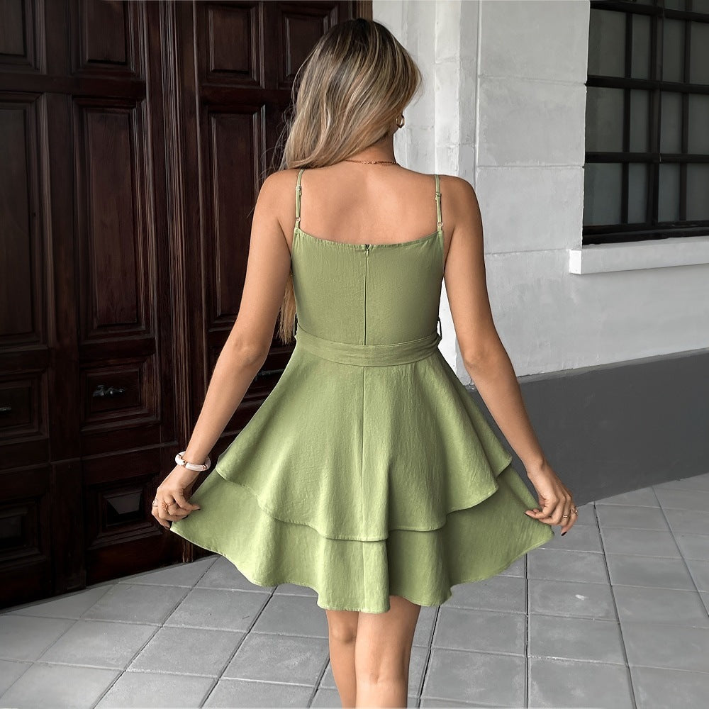 Damen lässiges Wickelkleid mit voluminösem Rock und schmalen Spaghetti-Trägern Drune